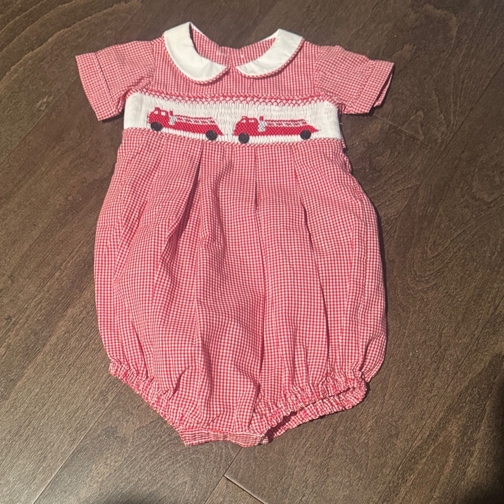 Source Unknown Red Checkered Fire Engine Romper